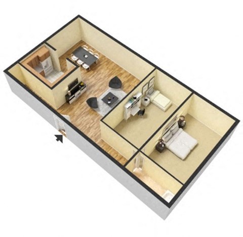 Floor plan for 2 beds, 1 bath, 841 sqft
